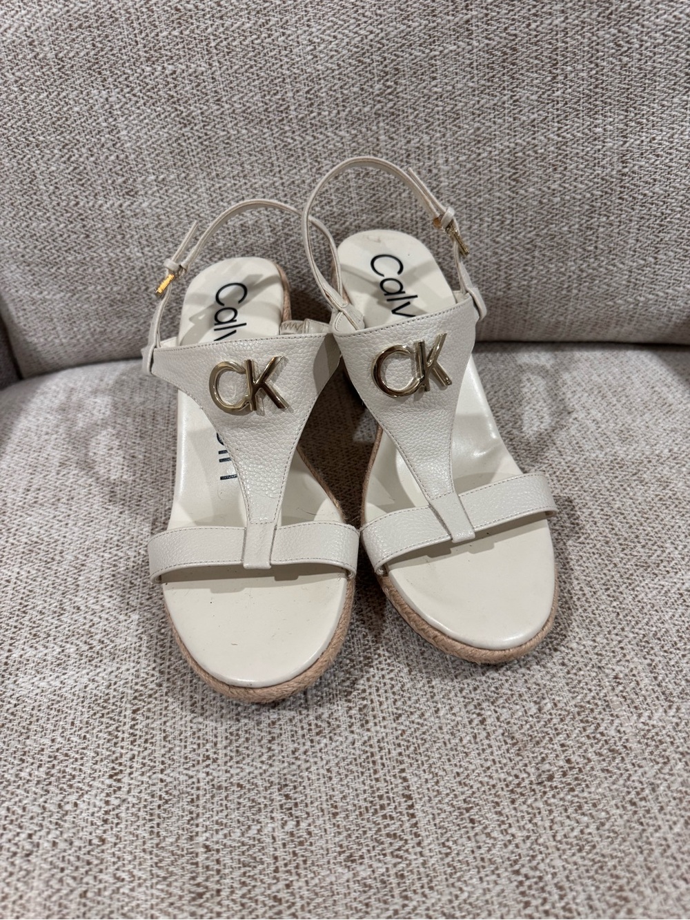 Calvin Klein Cream Wedge Sandals with Gold CK Emblem